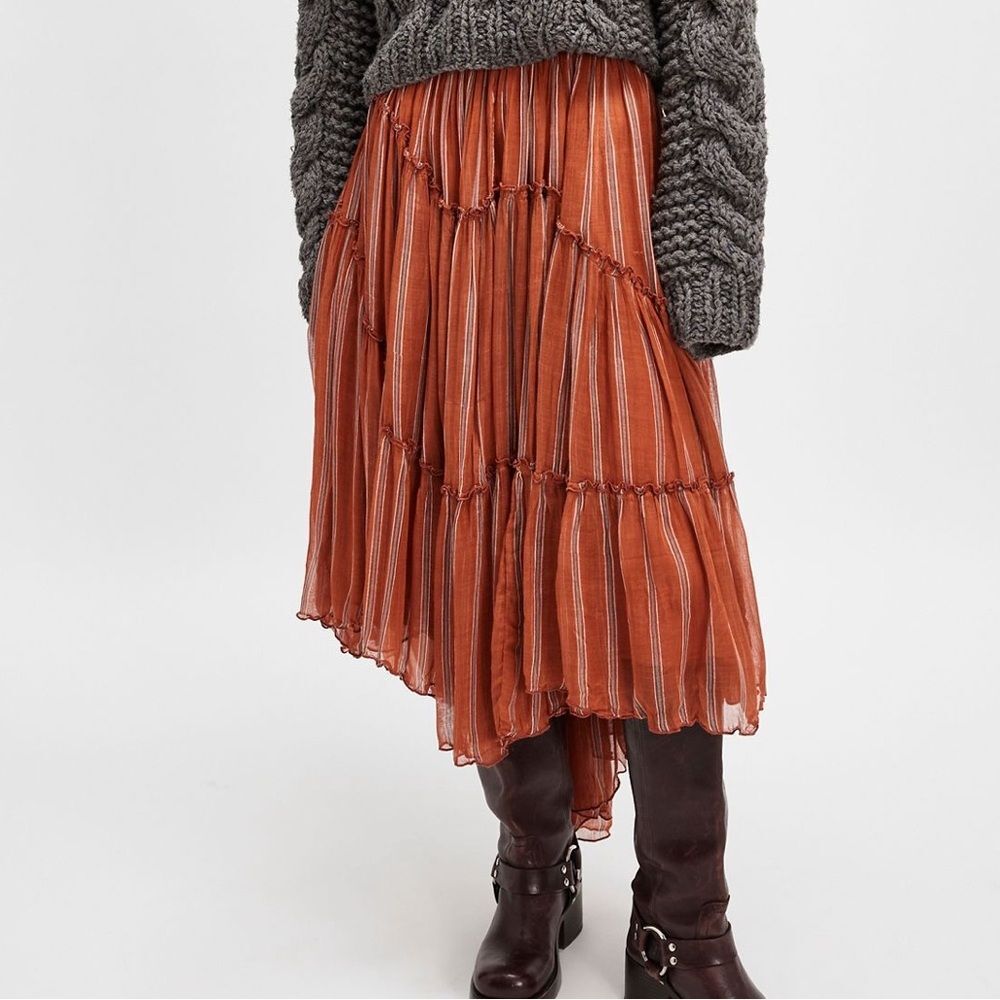 Free People Rust Striped Tiered Midi Skirt - Picture 2 of 5